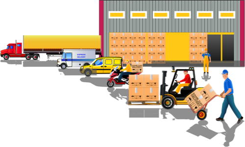 Trucks, vans and workers loading goods at a warehouse